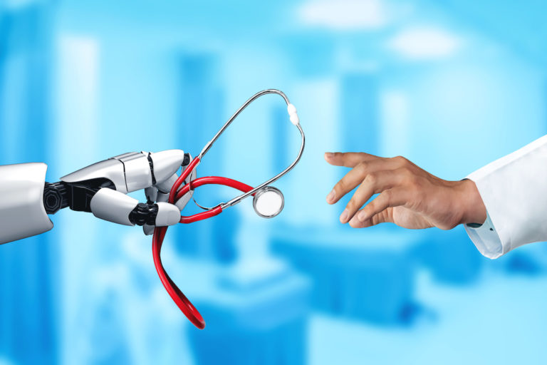 Robot. hand with stethoscope reaching towards human hand