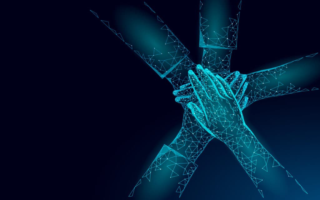 People Give Five Hands Together. Team Work Success Supporting Professional Connections. Hand Stack Friendship Woman United Power Teamwork Achievement Partnership. Low Poly Vector Illustration