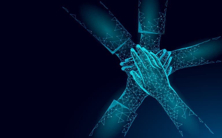 People Give Five Hands Together. Team Work Success Supporting Professional Connections. Hand Stack Friendship Woman United Power Teamwork Achievement Partnership. Low Poly Vector Illustration