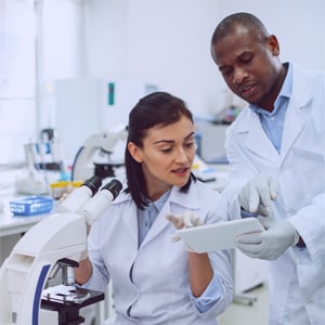 Concentrated experienced scientist working with a microscope and discussing work with her colleague