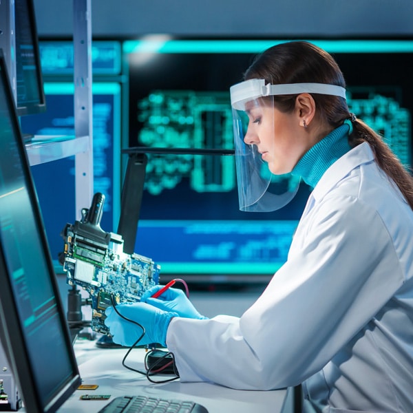 Engineer works in a modern scientific laboratory on computing systems