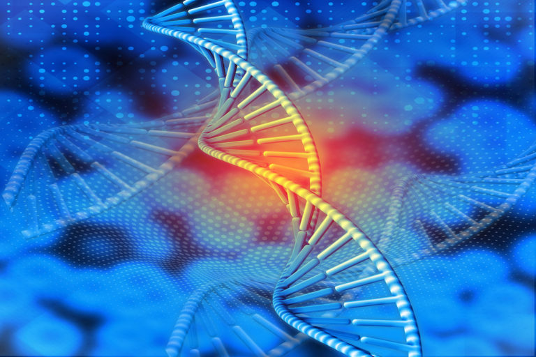 3d rendering of DNA strand with blue cells background