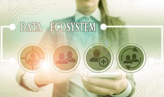 Person holding mobile device with the words data ecosystem and four circle icons overlaid on the image.