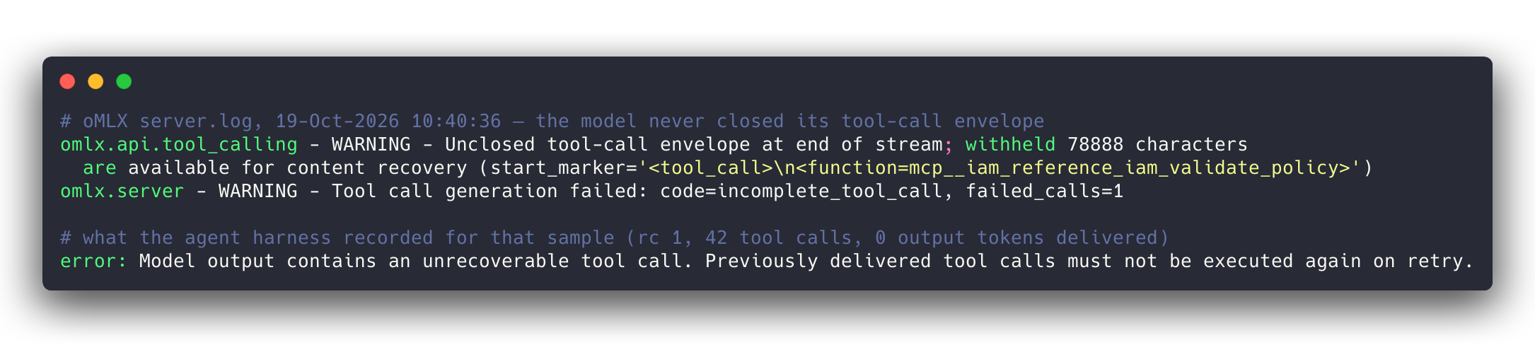 A runaway tool call, as the server and the harness saw it