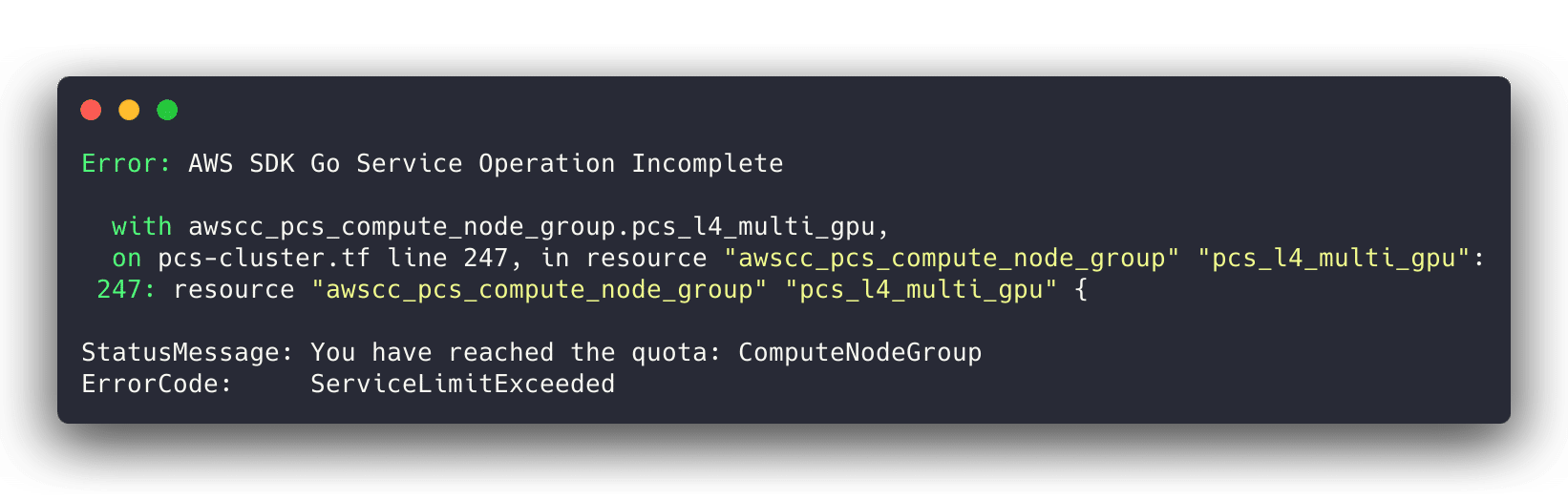 Terraform apply hitting the PCS ComputeNodeGroup quota with a ServiceLimitExceeded error on the 11th NG create